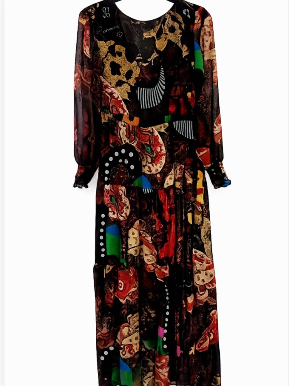 Desigual Boho Style Geometric Print V-Neck Long Sleeve Midi Dress Size M - Picture 2 of 3